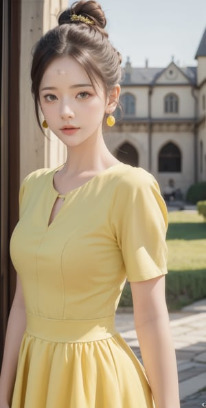 (Masterpiece:1.1), (Photorealistic:1.1), (8K resolution:1.1), (Ultra High Quality, Incredibly Detailed, Perfect anatomy, RAW), 1girl, hair bun, medieval mood, green earrings, yellow dress, 