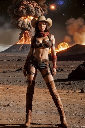 I want a cowboy woman on a desert space planet, I want the woman to come out in front with a cocky attitude on a desert and unpleasant planet, a young woman, good physique, thin, I want her to have a cowboy outfit mixed with something space, I want her to have a pose of cockiness, a cocky, defiant attitude, I want the planet to be a desert and unpleasant environment, with mountains in the background, and some river of lava and a volcano emanating lava, I want it to be a realistic image, 4k