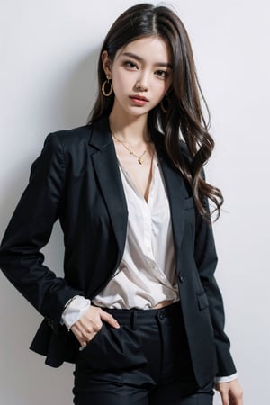 1girl, solo, brown hair, shirt, jewelry, jacket, long hair, earrings, pants, lips, black shirt, formal, suit, standing, white background, simple_background