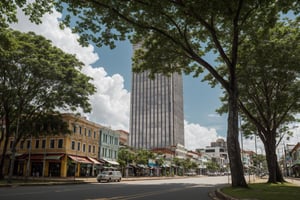 masterpiece,  best quality,  highres,  landscape, city, town, Brazil, Manaus, tall buildings, daytime, plain terrain, trees