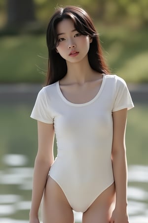 1girl, solo, long hair, flat chest, looking at viewer, black hair, standing, leotard, short sleeves, cowboy shot, outdoors, parted lips, water, blurry, lips, leotard, blurry background, realistic, white leotard, photo background, realistic, asian, (legs_open:1.5), (full_body:1.5)