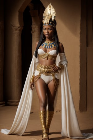 A photograph of an African queen wearing ancient Egyptian jewelry. She has dark brown skin and black hair in an updo with a gold headpiece. She is very beautiful, and her makeup is flawless. She looks regal and majestic, with cinematic lighting and photography. She wears ancient made from natural materials in the style of ancient Egyptian fashion. Her clothes is formed by a white two-piece bodysuit covered by royal jewelry,photorealistic,egyptian clothes, full body, shin wear, long sleeves