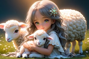 The background is a grassland,Jesus rod and staff, they comfort me.  white lamb,little children and father famale,full body, furry skin, fantasy, subsurface scattering, perfect anatomy, glow, bloom, bioluminescent liquid, zen style, still film, cold color, l vibrant and volumetric light (masterpiece, top quality, best quality, official art, beautiful and aesthetic: 1.2), extremely detailed, (abstract, fractal art: 1.3), colorful hair, more detailed, detailed_eyes,3 years old famale face, perfect body, five fingers, perfect hands, anatomically perfect body, (black eyes), (gray hair), very long hair, long long pool dress, white shorts, dynamic angle, depth of field, hyper detailed, highly detailed, beautiful, small details, ultra detailed, best quality, 4k,((full body)), face to lamb,photo r3al,sticker,Anime 