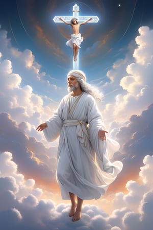 A Jewish on the Cross., with a headscarf wrapped around their silver-white hair. Male figure, background of a sea of clouds, clouds shaped like a throne, Jesus with outstretched arms embracing a little lamb.full body,famale,zen style, still film, cold color, l vibrant and volumetric light (masterpiece, top quality, best quality, official art, beautiful and aesthetic: 1.2), extremely detailed, (abstract, fractal art: 1.3), colorful hair, more detailed, detailed_eyes, 18 year old famale face, 3others, five fingers, perfect hands, anatomically perfect body, (black eyes), (gray hair), very headscarf hair, long white plain dress, white shorts, dynamic angle, depth of field, hyper detailed, highly detailed, beautiful, small details, ultra detailed, best quality, 4k,((full body)), face to the sheep
