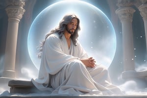 Two persons,Jesus sat on a stool in the cozy home, and in front of Him, there was a woman dressed in simple attire seated on the ground,male,zen style, still film, cold color, l vibrant and volumetric light (masterpiece, top quality, best quality, official art, beautiful and aesthetic: 1.2), extremely detailed, (abstract, fractal art: 1.3), colorful hair, more detailed, detailed_eyes, snowing, smoke bubbles, light particles, 33 year old male face, perfect body, five fingers, perfect hands, anatomically perfect body, (black eyes), (gray hair), very long hair, long white plain dress, white shorts, dynamic angle, depth of field, hyper detailed, highly detailed, beautiful, small details, ultra detailed, best quality, 4k,((full body)), face to jesus,photo r3al