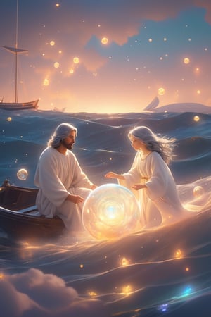 Jesus is holding the hands of a little girl and a little boy,There is a boat nearby, and males is on the boat. The person on the sea,beautiful harp, male, full body, furry skin, fantasy, subsurface scattering, perfect anatomy, glow, bloom, bioluminescent liquid, zen style, still film, cold color, l vibrant and volumetric light (masterpiece, top quality, best quality, official art, beautiful and aesthetic: 1.2), extremely detailed, (abstract, fractal art: 1.3), colorful hair, more detailed, detailed_eyes, snowing, smoke bubbles, light particles, 33 year old famle face, perfect body, five fingers, perfect hands, anatomically perfect body, sexy posture, (black eyes), (gray hair), very long hair, long white fur sweater dress, white fur shorts, dynamic angle, depth of field, hyper detailed, highly detailed, beautiful, small details, ultra detailed, best quality, 4k,((full body)), face to jesus,photo r3al