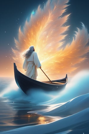 A man in the boat,Jesus is walking on the sea, towards the boat. There is a boat nearby, and males is on the boat. The person on the sea,beautiful harp, male, full body, furry skin, fantasy, subsurface scattering, perfect anatomy, glow, bloom, bioluminescent liquid, zen style, still film, cold color, l vibrant and volumetric light (masterpiece, top quality, best quality, official art, beautiful and aesthetic: 1.2), extremely detailed, (abstract, fractal art: 1.3), colorful hair, more detailed, detailed_eyes, snowing, smoke bubbles, light particles, 33 year old famle face, perfect body, five fingers, perfect hands, anatomically perfect body, sexy posture, (black eyes), (gray hair), very long hair, long white fur sweater dress, white fur shorts, dynamic angle, depth of field, hyper detailed, highly detailed, beautiful, small details, ultra detailed, best quality, 4k,((full body)), face to jesus,photo r3al