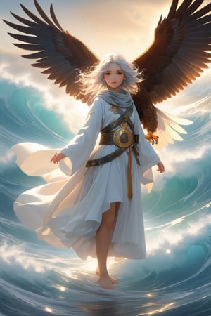 Warrior, wielding the sacred sword, righteous breastplate, helmet of salvation, humble cloak, belt of truth,eagle, hesitant to fly, feeling discouraged, towering waves, the ocean,full body,famale,zen style, still film, cold color, l vibrant and volumetric light (masterpiece, top quality, best quality, official art, beautiful and aesthetic: 1.2), extremely detailed, (abstract, fractal art: 1.3), colorful hair, more detailed, detailed_eyes, 3 year old famale face, perfect body, five fingers, perfect hands, anatomically perfect body, (black eyes), (gray hair), very headscarf hair, long white plain dress, white shorts, dynamic angle, depth of field, hyper detailed, highly detailed, beautiful, small details, ultra detailed, best quality, 4k,((full body)), face to jesus,photo r3al