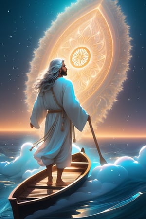 A man in the boat,Jesus is walking on the sea, towards the boat. There is a boat nearby, and males is on the boat. The person on the sea,beautiful harp, male, full body, furry skin, fantasy, subsurface scattering, perfect anatomy, glow, bloom, bioluminescent liquid, zen style, still film, cold color, l vibrant and volumetric light (masterpiece, top quality, best quality, official art, beautiful and aesthetic: 1.2), extremely detailed, (abstract, fractal art: 1.3), colorful hair, more detailed, detailed_eyes, snowing, smoke bubbles, light particles, 33 year old famle face, perfect body, five fingers, perfect hands, anatomically perfect body, sexy posture, (black eyes), (gray hair), very long hair, long white fur sweater dress, white fur shorts, dynamic angle, depth of field, hyper detailed, highly detailed, beautiful, small details, ultra detailed, best quality, 4k,((full body)), face to jesus,photo r3al