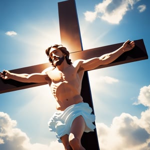 arafed image of a man on a cross with a sky background, a picture by Bernard Meninsky, shutterstock, unilalianism, jesus on the cross, jesus on cross, jesus christ on the cross, crucifixion, crucifix, shadow of the cross, jesus christ, the lord and savior, crucifixion of conor mcgregor, cross, holy,cute cartoon ,Flat vector art,Drawing of a little girl ,moonster