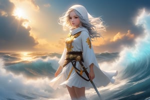 Warrior, wielding the sacred sword, righteous breastplate, helmet of salvation, humble cloak, belt of truth,eagle, hesitant to fly, feeling discouraged, towering waves, the ocean,full body,famale,zen style, still film, cold color, l vibrant and volumetric light (masterpiece, top quality, best quality, official art, beautiful and aesthetic: 1.2), extremely detailed, (abstract, fractal art: 1.3), colorful hair, more detailed, detailed_eyes, 3 year old famale face, perfect body, five fingers, perfect hands, anatomically perfect body, (black eyes), (gray hair), very headscarf hair, long white plain dress, white shorts, dynamic angle, depth of field, hyper detailed, highly detailed, beautiful, small details, ultra detailed, best quality, 4k,((full body)), face to jesus,photo r3al