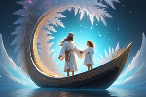 Jesus is holding the hands of a little girl and a little boy,There is a boat nearby, and males is on the boat. The person on the sea,beautiful harp, male, fantasy, subsurface scattering, perfect anatomy, glow, bloom, bioluminescent liquid, zen style, still film, cold color, l vibrant and volumetric light (masterpiece, top quality, best quality, official art, beautiful and aesthetic: 1.2), extremely detailed, (abstract, fractal art: 1.3), colorful hair, more detailed, detailed_eyes, snowing, smoke bubbles, light particles, 33 year old male face, perfect body, five fingers, perfect hands, anatomically perfect body, sexy posture, (black eyes), (gray hair), very long hair, long white fur sweater dress, white fur shorts, dynamic angle, depth of field, hyper detailed, highly detailed, beautiful, small details, ultra detailed, best quality, 4k,((full body)), face to jesus,photo r3al