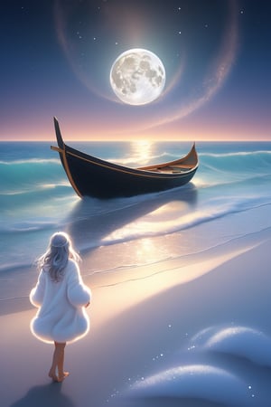 A littler girl in the beach,Jesus is walking on the sea, towards the moon,There is a boat nearby, and males is on the boat. The person on the sea,beautiful harp, male, full body, furry skin, fantasy, subsurface scattering, perfect anatomy, glow, bloom, bioluminescent liquid, zen style, still film, cold color, l vibrant and volumetric light (masterpiece, top quality, best quality, official art, beautiful and aesthetic: 1.2), extremely detailed, (abstract, fractal art: 1.3), colorful hair, more detailed, detailed_eyes, snowing, smoke bubbles, light particles, 33 year old famle face, perfect body, five fingers, perfect hands, anatomically perfect body, sexy posture, (black eyes), (gray hair), very long hair, long white fur sweater dress, white fur shorts, dynamic angle, depth of field, hyper detailed, highly detailed, beautiful, small details, ultra detailed, best quality, 4k,((full body)), face to jesus,photo r3al