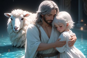 The background is filled with the chaos of warfare, and there is a child covered in wounds, wearing tattered clothes, and with a tearful expression.Jesus hug my head with oil,The expressions are saying sorry. white lamb,two person little children and father male ,full body, furry skin, fantasy, subsurface scattering, perfect anatomy, glow, bloom, bioluminescent liquid, zen style, still film, cold color, l vibrant and volumetric light (masterpiece, top quality, best quality, official art, beautiful and aesthetic: 1.2), extremely detailed, (abstract, fractal art: 1.3), colorful hair, more detailed, detailed_eyes,33 years old male face, perfect body, five fingers, perfect hands, anatomically perfect body, (black eyes), (gray hair), very long hair, long pool dress, white shorts, dynamic angle, depth of field, hyper detailed, highly detailed, beautiful, small details, ultra detailed, best quality, 4k,((full body)), face to lamb,photo r3al,sticker,Anime 