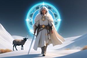A sheep has gone missing. Shepherd. milk and honey. The person on the desert, 1male, Sword, helmet, shield, breastplate, belt, cloak, boots of war, full body, furry skin, fantasy, subsurface scattering, perfect anatomy, glow, bloom, bioluminescent liquid, zen style, still film, cold color, l vibrant and volumetric light (masterpiece, top quality, best quality, official art, beautiful and aesthetic: 1.2), extremely detailed, (abstract, fractal art: 1.3), colorful hair, more detailed, detailed_eyes, snowing, smoke bubbles, light particles, 33 year old male face, perfect body, five fingers, perfect hands, anatomically perfect body, sexy posture, (black eyes), (gray hair), very long hair, long white simple dress, white shorts, dynamic angle, depth of field, hyper detailed, highly detailed, beautiful, small details, ultra detailed, best quality, 4k,((full body)), face to jesus,photo r3al
