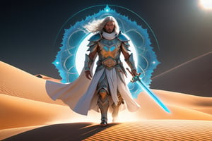 Warrior, wielding the sacred sword, righteous breastplate, helmet of salvation, humble cloak, belt of truth. The person on the desert, male, full body, furry skin, fantasy, subsurface scattering, perfect anatomy, glow, bloom, bioluminescent liquid, zen style, still film, cold color, l vibrant and volumetric light (masterpiece, top quality, best quality, official art, beautiful and aesthetic: 1.2), extremely detailed, (abstract, fractal art: 1.3), colorful hair, more detailed, detailed_eyes, snowing, smoke bubbles, light particles, 33 year old male face, perfect body, five fingers, perfect hands, anatomically perfect body, sexy posture, (black eyes), (gray hair), very long hair, long white simple dress, white shorts, dynamic angle, depth of field, hyper detailed, highly detailed, beautiful, small details, ultra detailed, best quality, 4k,((full body)), face to jesus,photo r3al