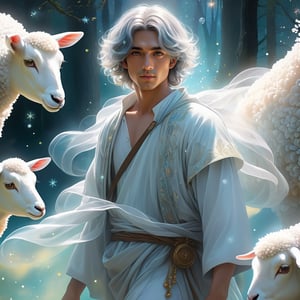 A little lamb, a shepherd,full-body portrait, emerging through clouds, with a background of milk and honey. The male in the forest is surrounded by the songs of a hundred birds, male, full-bodied, beautiful skin,fantasy, subsurface scattering, perfect anatomy, glow, bloom, bioluminescent liquid, zen style, still film, cold color, l vibrant and volumetric light (masterpiece, top quality, best quality, official art, beautiful and aesthetic: 1.2), extremely detailed, (abstract, fractal art: 1.3), colorful hair, more detailed, detailed_eyes, snowing, smoke bubbles, light particles, 33 year old male face, perfect body, five fingers, perfect hands, anatomically perfect body,  (black eyes), (gray hair), very long hair, long white simple dress, white shorts, dynamic angle, depth of field, hyper detailed, highly detailed, beautiful, small details, ultra detailed, best quality, 4k,((full body)), face to jesus,photo r3al