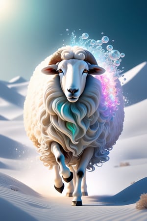 A sheep has gone missing. Shepherd. milk and honey. The person on the desert, male, full body, furry skin, fantasy, subsurface scattering, perfect anatomy, glow, bloom, bioluminescent liquid, zen style, still film, cold color, l vibrant and volumetric light (masterpiece, top quality, best quality, official art, beautiful and aesthetic: 1.2), extremely detailed, (abstract, fractal art: 1.3), colorful hair, more detailed, detailed_eyes, snowing, smoke bubbles, light particles, 33 year old male face, perfect body, five fingers, perfect hands, anatomically perfect body, sexy posture, (black eyes), (gray hair), very long hair, long white simple dress, white shorts, dynamic angle, depth of field, hyper detailed, highly detailed, beautiful, small details, ultra detailed, best quality, 4k,((full body)), face to jesus,photo r3al