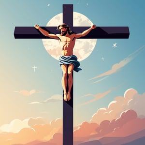 arafed image of a man on a cross with a sky background, a picture by Bernard Meninsky, shutterstock, unilalianism, jesus on the cross, jesus on cross, jesus christ on the cross, crucifixion, crucifix, shadow of the cross, jesus christ, the lord and savior, crucifixion of conor mcgregor, cross, holy,cute cartoon ,Flat vector art,Drawing of a little girl ,moonster