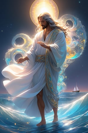 Jesus is holding the hands of a little girl and a little boy,There is a boat nearby, and males is on the boat. The person on the sea,beautiful harp, male, fantasy, subsurface scattering, perfect anatomy, glow, bloom, bioluminescent liquid, zen style, still film, cold color, l vibrant and volumetric light (masterpiece, top quality, best quality, official art, beautiful and aesthetic: 1.2), extremely detailed, (abstract, fractal art: 1.3), colorful hair, more detailed, detailed_eyes, snowing, smoke bubbles, light particles, 33 year old male face, perfect body, five fingers, perfect hands, anatomically perfect body, sexy posture, (black eyes), (gray hair), very long hair, long white fur sweater dress, white fur shorts, dynamic angle, depth of field, hyper detailed, highly detailed, beautiful, small details, ultra detailed, best quality, 4k,((full body)), face to jesus,photo r3al