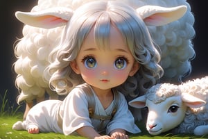 The background is a grassland,Jesus rod and staff, they comfort me.  white lamb,little children and father famale,full body, furry skin, fantasy, subsurface scattering, perfect anatomy, glow, bloom, bioluminescent liquid, zen style, still film, cold color, l vibrant and volumetric light (masterpiece, top quality, best quality, official art, beautiful and aesthetic: 1.2), extremely detailed, (abstract, fractal art: 1.3), colorful hair, more detailed, detailed_eyes,3 years old famale face, perfect body, five fingers, perfect hands, anatomically perfect body, (black eyes), (gray hair), very long hair, long long pool dress, white shorts, dynamic angle, depth of field, hyper detailed, highly detailed, beautiful, small details, ultra detailed, best quality, 4k,((full body)), face to lamb,photo r3al,sticker,Anime 