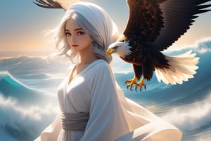 Eagle, in high definition, a large image, silhouette, soaring towards the sea, rolling waves,full body,famale,zen style, still film, cold color, l vibrant and volumetric light (masterpiece, top quality, best quality, official art, beautiful and aesthetic: 1.2), extremely detailed, (abstract, fractal art: 1.3), colorful hair, more detailed, detailed_eyes, 18 year old famale face, perfect body, five fingers, perfect hands, anatomically perfect body, (black eyes), (gray hair), very headscarf hair, long white plain dress, white shorts, dynamic angle, depth of field, hyper detailed, highly detailed, beautiful, small details, ultra detailed, best quality, 4k,((full body)), face to jesus,photo r3al