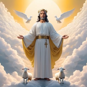 Male figure, background of a sea of clouds, clouds shaped like a throne, Jesus with outstretched arms embracing a little lamb.full body,famale,zen style, still film, cold color, l vibrant and volumetric light (masterpiece, top quality, best quality, official art, beautiful and aesthetic: 1.2), extremely detailed, (abstract, fractal art: 1.3), colorful hair, more detailed, detailed_eyes, 18 year old famale face, 3others, five fingers, perfect hands, anatomically perfect body, (black eyes), (gray hair), very headscarf hair, long white plain dress, white shorts, dynamic angle, depth of field, hyper detailed, highly detailed, beautiful, small details, ultra detailed, best quality, 4k,((full body)), face to jesus,photo r3al,Line Chibi yellow,lineart,tenxiida character