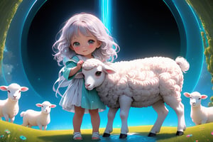 The background is a grassland,Jesus rod and staff, they comfort me.  white lamb,little children and father famale,full body, furry skin, fantasy, subsurface scattering, perfect anatomy, glow, bloom, bioluminescent liquid, zen style, still film, cold color, l vibrant and volumetric light (masterpiece, top quality, best quality, official art, beautiful and aesthetic: 1.2), extremely detailed, (abstract, fractal art: 1.3), colorful hair, more detailed, detailed_eyes,3 years old famale face, perfect body, five fingers, perfect hands, anatomically perfect body, (black eyes), (gray hair), very long hair, long long pool dress, white shorts, dynamic angle, depth of field, hyper detailed, highly detailed, beautiful, small details, ultra detailed, best quality, 4k,((full body)), face to lamb,photo r3al,sticker,Anime 