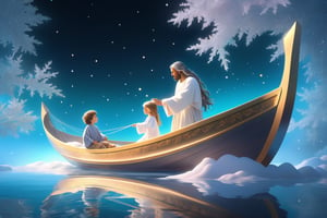 Jesus is holding the hands of a little girl and a little boy,There is a boat nearby, and males is on the boat. The person on the sea,beautiful harp, male, fantasy, subsurface scattering, perfect anatomy, glow, bloom, bioluminescent liquid, zen style, still film, cold color, l vibrant and volumetric light (masterpiece, top quality, best quality, official art, beautiful and aesthetic: 1.2), extremely detailed, (abstract, fractal art: 1.3), colorful hair, more detailed, detailed_eyes, snowing, smoke bubbles, light particles, 33 year old male face, perfect body, five fingers, perfect hands, anatomically perfect body, sexy posture, (black eyes), (gray hair), very long hair, long white fur sweater dress, white fur shorts, dynamic angle, depth of field, hyper detailed, highly detailed, beautiful, small details, ultra detailed, best quality, 4k,((full body)), face to jesus,photo r3al