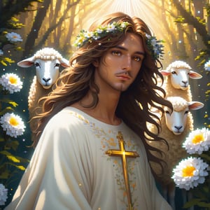 The background is filled with the radiant light of the Cross. The forest blooms with a myriad of flowers. Plain dress,A sheep has gone missing. Shepherd. milk and honey. The person is Jesus, male, full body, furry skin, fantasy, subsurface scattering, perfect anatomy, glow, bloom, bioluminescent liquid, zen style, still film, cold color, l vibrant and volumetric light (masterpiece, top quality, best quality, official art, beautiful and aesthetic: 1.2), extremely detailed, (abstract, fractal art: 1.3), colorful hair, more detailed, detailed_eyes, snowing, smoke bubbles, light particles, 33 year old male face, perfect body, five fingers, perfect hands, anatomically perfect body, (black eyes), (brown hair), very long hair, long white sweater dress, white shorts, dynamic angle, depth of field, hyper detailed, highly detailed, beautiful, small details, ultra detailed, best quality, 4k,((full body)), face to jesus,photo r3al,pixel art,healing,Vogue,v0ng44g,Leonardo Style