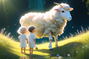 A grassland with a flowing stream in the background,Jesus hug my head with oil,The expressions are all joyful. white lamb,two person little children and father male ,full body, furry skin, fantasy, subsurface scattering, perfect anatomy, glow, bloom, bioluminescent liquid, zen style, still film, cold color, l vibrant and volumetric light (masterpiece, top quality, best quality, official art, beautiful and aesthetic: 1.2), extremely detailed, (abstract, fractal art: 1.3), colorful hair, more detailed, detailed_eyes,33 years old male face, perfect body, five fingers, perfect hands, anatomically perfect body, (black eyes), (gray hair), very long hair, long pool dress, white shorts, dynamic angle, depth of field, hyper detailed, highly detailed, beautiful, small details, ultra detailed, best quality, 4k,((full body)), face to lamb,photo r3al,sticker,Anime 