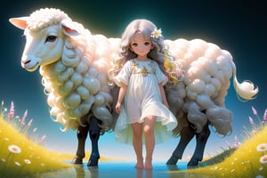 The background is a grassland,Jesus rod and staff, they comfort me.  white lamb,little children and father famale,full body, furry skin, fantasy, subsurface scattering, perfect anatomy, glow, bloom, bioluminescent liquid, zen style, still film, cold color, l vibrant and volumetric light (masterpiece, top quality, best quality, official art, beautiful and aesthetic: 1.2), extremely detailed, (abstract, fractal art: 1.3), colorful hair, more detailed, detailed_eyes,3 years old famale face, perfect body, five fingers, perfect hands, anatomically perfect body, (black eyes), (gray hair), very long hair, long long pool dress, white shorts, dynamic angle, depth of field, hyper detailed, highly detailed, beautiful, small details, ultra detailed, best quality, 4k,((full body)), face to lamb,photo r3al,sticker,Anime 