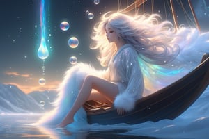 There is a boat nearby, and Peter is on the boat. The person on the sea,beautiful harp, male, full body, furry skin, fantasy, subsurface scattering, perfect anatomy, glow, bloom, bioluminescent liquid, zen style, still film, cold color, l vibrant and volumetric light (masterpiece, top quality, best quality, official art, beautiful and aesthetic: 1.2), extremely detailed, (abstract, fractal art: 1.3), colorful hair, more detailed, detailed_eyes, snowing, smoke bubbles, light particles, 18 year old girl face, perfect body, five fingers, perfect hands, anatomically perfect body, sexy posture, (black eyes), (gray hair), very long hair, long white fur sweater dress, white fur shorts, dynamic angle, depth of field, hyper detailed, highly detailed, beautiful, small details, ultra detailed, best quality, 4k,((full body)), face to jesus,photo r3al