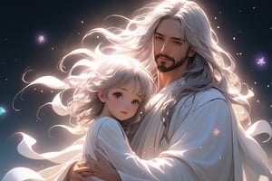 The background is filled with the chaos of warfare, and there is a child covered in wounds, wearing tattered clothes, and with a tearful expression.Jesus hug my head with oil,The expressions are all joyful. white lamb,two person little children and father male ,full body, furry skin, fantasy, subsurface scattering, perfect anatomy, glow, bloom, bioluminescent liquid, zen style, still film, cold color, l vibrant and volumetric light (masterpiece, top quality, best quality, official art, beautiful and aesthetic: 1.2), extremely detailed, (abstract, fractal art: 1.3), colorful hair, more detailed, detailed_eyes,33 years old male face, perfect body, five fingers, perfect hands, anatomically perfect body, (black eyes), (gray hair), very long hair, long pool dress, white shorts, dynamic angle, depth of field, hyper detailed, highly detailed, beautiful, small details, ultra detailed, best quality, 4k,((full body)), face to lamb,photo r3al,sticker,Anime 