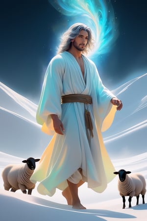 A sheep has gone missing. Shepherd. milk and honey. The person on the desert, male, full body, furry skin, fantasy, subsurface scattering, perfect anatomy, glow, bloom, bioluminescent liquid, zen style, still film, cold color, l vibrant and volumetric light (masterpiece, top quality, best quality, official art, beautiful and aesthetic: 1.2), extremely detailed, (abstract, fractal art: 1.3), colorful hair, more detailed, detailed_eyes, snowing, smoke bubbles, light particles, 33 year old male face, perfect body, five fingers, perfect hands, anatomically perfect body, sexy posture, (black eyes), (gray hair), very long hair, long white simple dress, white shorts, dynamic angle, depth of field, hyper detailed, highly detailed, beautiful, small details, ultra detailed, best quality, 4k,((full body)), face to jesus,photo r3al