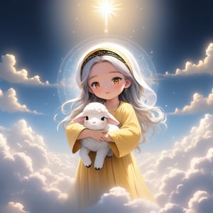 Male figure, background of a sea of clouds, clouds shaped like a throne, Jesus with outstretched arms embracing a little lamb.full body,famale,zen style, still film, cold color, l vibrant and volumetric light (masterpiece, top quality, best quality, official art, beautiful and aesthetic: 1.2), extremely detailed, (abstract, fractal art: 1.3), colorful hair, more detailed, detailed_eyes, 18 year old famale face, 3others, five fingers, perfect hands, anatomically perfect body, (black eyes), (gray hair), very headscarf hair, long white plain dress, white shorts, dynamic angle, depth of field, hyper detailed, highly detailed, beautiful, small details, ultra detailed, best quality, 4k,((full body)), face to jesus,photo r3al,Line Chibi yellow