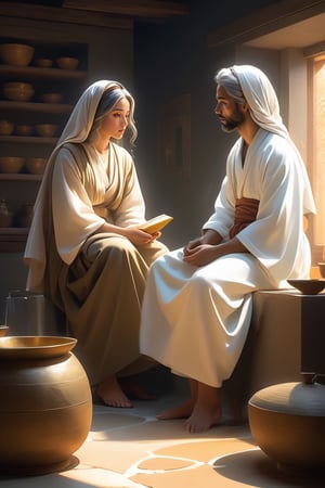 Two persons, Jesus sat on a stool in the cozy home, and in front of Him, there was a woman dressed in simple attire seated on the ground, attentively listening to His teachings, Another woman is busy in the kitchen,male,zen style, still film, cold color, l vibrant and volumetric light (masterpiece, top quality, best quality, official art, beautiful and aesthetic: 1.2), extremely detailed, (abstract, fractal art: 1.3), colorful hair, more detailed, detailed_eyes, 33 year old famale face, perfect body, five fingers, perfect hands, anatomically perfect body, (black eyes), (gray hair), headscarf hair, long white plain dress, white shorts, dynamic angle, depth of field, hyper detailed, highly detailed, beautiful, small details, ultra detailed, best quality, 4k,((full body)), face to jesus,photo r3al