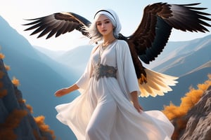 Eagle, soaring, narrow, mountain gorge, high in the sky,full body,famale,zen style, still film, cold color, l vibrant and volumetric light (masterpiece, top quality, best quality, official art, beautiful and aesthetic: 1.2), extremely detailed, (abstract, fractal art: 1.3), colorful hair, more detailed, detailed_eyes, 18 year old famale face, perfect body, five fingers, perfect hands, anatomically perfect body, (black eyes), (gray hair), very headscarf hair, long white plain dress, white shorts, dynamic angle, depth of field, hyper detailed, highly detailed, beautiful, small details, ultra detailed, best quality, 4k,((full body)), face to jesus,photo r3al