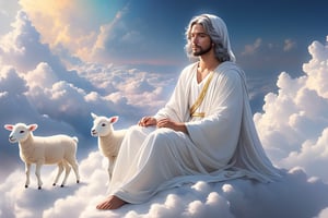 Male figure, background of a sea of clouds, clouds shaped like a throne, Jesus with outstretched arms embracing a little lamb.full body,famale,zen style, still film, cold color, l vibrant and volumetric light (masterpiece, top quality, best quality, official art, beautiful and aesthetic: 1.2), extremely detailed, (abstract, fractal art: 1.3), colorful hair, more detailed, detailed_eyes, 18 year old famale face, 3others, five fingers, perfect hands, anatomically perfect body, (black eyes), (gray hair), very headscarf hair, long white plain dress, white shorts, dynamic angle, depth of field, hyper detailed, highly detailed, beautiful, small details, ultra detailed, best quality, 4k,((full body)), face to jesus,photo r3al