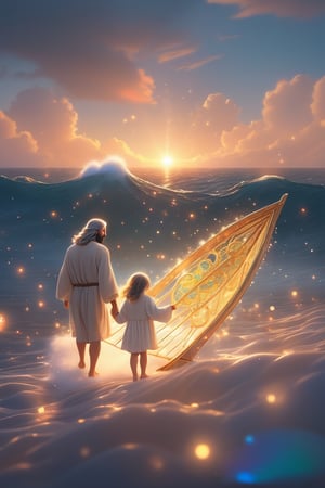 Jesus is holding the hands of a little girl and a little boy,There is a boat nearby, and males is on the boat. The person on the sea,beautiful harp, male, full body, furry skin, fantasy, subsurface scattering, perfect anatomy, glow, bloom, bioluminescent liquid, zen style, still film, cold color, l vibrant and volumetric light (masterpiece, top quality, best quality, official art, beautiful and aesthetic: 1.2), extremely detailed, (abstract, fractal art: 1.3), colorful hair, more detailed, detailed_eyes, snowing, smoke bubbles, light particles, 33 year old famle face, perfect body, five fingers, perfect hands, anatomically perfect body, sexy posture, (black eyes), (gray hair), very long hair, long white fur sweater dress, white fur shorts, dynamic angle, depth of field, hyper detailed, highly detailed, beautiful, small details, ultra detailed, best quality, 4k,((full body)), face to jesus,photo r3al