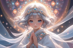 Keywords translation:

Child, love, fear, complete, forgiveness, transcend, sweet, withered, bloom, sparkle, ability, believe, new path, hope, happiness,full body,famale,zen style, still film, cold color, l vibrant and volumetric light (masterpiece, top quality, best quality, official art, beautiful and aesthetic: 1.2), extremely detailed, (abstract, fractal art: 1.3), colorful hair, more detailed, detailed_eyes, 18 year old famale face, perfect body, five fingers, perfect hands, anatomically perfect body, (black eyes), (gray hair), very headscarf hair, long white plain dress, white shorts, dynamic angle, depth of field, hyper detailed, highly detailed, beautiful, small details, ultra detailed, best quality, 4k,((full body)), face to jesus,photo r3al