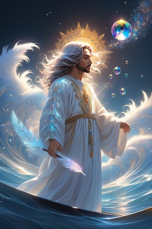 Jesus is holding the hands of a little girl and a little boy,There is a boat nearby, and males is on the boat. The person on the sea,beautiful harp, male, fantasy, subsurface scattering, perfect anatomy, glow, bloom, bioluminescent liquid, zen style, still film, cold color, l vibrant and volumetric light (masterpiece, top quality, best quality, official art, beautiful and aesthetic: 1.2), extremely detailed, (abstract, fractal art: 1.3), colorful hair, more detailed, detailed_eyes, snowing, smoke bubbles, light particles, 33 year old male face, perfect body, five fingers, perfect hands, anatomically perfect body, sexy posture, (black eyes), (gray hair), very long hair, long white fur sweater dress, white fur shorts, dynamic angle, depth of field, hyper detailed, highly detailed, beautiful, small details, ultra detailed, best quality, 4k,((full body)), face to jesus,photo r3al