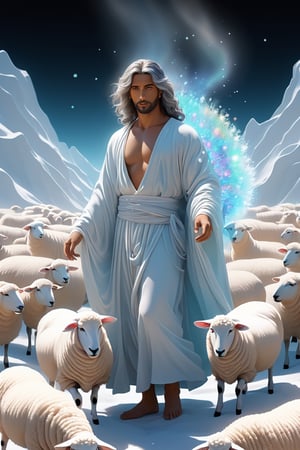 A sheep has gone missing. Shepherd. milk and honey. The person on the desert, male, full body, furry skin, fantasy, subsurface scattering, perfect anatomy, glow, bloom, bioluminescent liquid, zen style, still film, cold color, l vibrant and volumetric light (masterpiece, top quality, best quality, official art, beautiful and aesthetic: 1.2), extremely detailed, (abstract, fractal art: 1.3), colorful hair, more detailed, detailed_eyes, snowing, smoke bubbles, light particles, 33 year old male face, perfect body, five fingers, perfect hands, anatomically perfect body, sexy posture, (black eyes), (gray hair), very long hair, long white simple dress, white shorts, dynamic angle, depth of field, hyper detailed, highly detailed, beautiful, small details, ultra detailed, best quality, 4k,((full body)), face to jesus,photo r3al