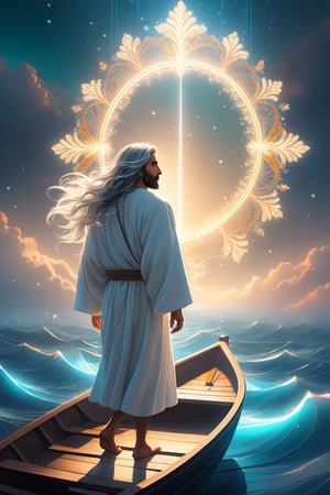 A man in the boat,Jesus is walking on the sea, towards the boat. There is a boat nearby, and males is on the boat. The person on the sea,beautiful harp, male, full body, furry skin, fantasy, subsurface scattering, perfect anatomy, glow, bloom, bioluminescent liquid, zen style, still film, cold color, l vibrant and volumetric light (masterpiece, top quality, best quality, official art, beautiful and aesthetic: 1.2), extremely detailed, (abstract, fractal art: 1.3), colorful hair, more detailed, detailed_eyes, snowing, smoke bubbles, light particles, 33 year old famle face, perfect body, five fingers, perfect hands, anatomically perfect body, sexy posture, (black eyes), (gray hair), very long hair, long white fur sweater dress, white fur shorts, dynamic angle, depth of field, hyper detailed, highly detailed, beautiful, small details, ultra detailed, best quality, 4k,((full body)), face to jesus,photo r3al