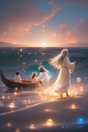 Jesus is holding the hands of a little girl and a little boy,There is a boat nearby, and males is on the boat. The person on the sea,beautiful harp, male, full body, furry skin, fantasy, subsurface scattering, perfect anatomy, glow, bloom, bioluminescent liquid, zen style, still film, cold color, l vibrant and volumetric light (masterpiece, top quality, best quality, official art, beautiful and aesthetic: 1.2), extremely detailed, (abstract, fractal art: 1.3), colorful hair, more detailed, detailed_eyes, snowing, smoke bubbles, light particles, 33 year old famle face, perfect body, five fingers, perfect hands, anatomically perfect body, sexy posture, (black eyes), (gray hair), very long hair, long white fur sweater dress, white fur shorts, dynamic angle, depth of field, hyper detailed, highly detailed, beautiful, small details, ultra detailed, best quality, 4k,((full body)), face to jesus,photo r3al