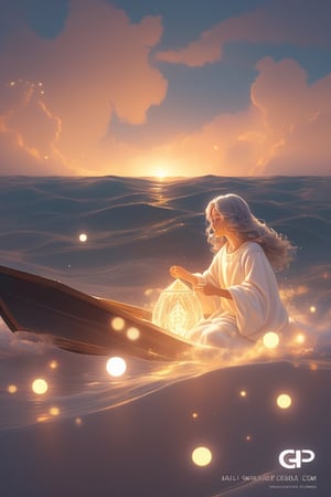 Jesus is holding the hands of a little girl and a little boy,There is a boat nearby, and males is on the boat. The person on the sea,beautiful harp, male, full body, furry skin, fantasy, subsurface scattering, perfect anatomy, glow, bloom, bioluminescent liquid, zen style, still film, cold color, l vibrant and volumetric light (masterpiece, top quality, best quality, official art, beautiful and aesthetic: 1.2), extremely detailed, (abstract, fractal art: 1.3), colorful hair, more detailed, detailed_eyes, snowing, smoke bubbles, light particles, 33 year old famle face, perfect body, five fingers, perfect hands, anatomically perfect body, sexy posture, (black eyes), (gray hair), very long hair, long white fur sweater dress, white fur shorts, dynamic angle, depth of field, hyper detailed, highly detailed, beautiful, small details, ultra detailed, best quality, 4k,((full body)), face to jesus,photo r3al