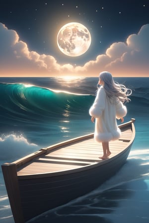 A littler girl in the beach,Jesus is walking on the sea, towards the moon,There is a boat nearby, and males is on the boat. The person on the sea,beautiful harp, male, full body, furry skin, fantasy, subsurface scattering, perfect anatomy, glow, bloom, bioluminescent liquid, zen style, still film, cold color, l vibrant and volumetric light (masterpiece, top quality, best quality, official art, beautiful and aesthetic: 1.2), extremely detailed, (abstract, fractal art: 1.3), colorful hair, more detailed, detailed_eyes, snowing, smoke bubbles, light particles, 33 year old famle face, perfect body, five fingers, perfect hands, anatomically perfect body, sexy posture, (black eyes), (gray hair), very long hair, long white fur sweater dress, white fur shorts, dynamic angle, depth of field, hyper detailed, highly detailed, beautiful, small details, ultra detailed, best quality, 4k,((full body)), face to jesus,photo r3al