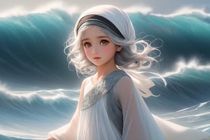 Little eagle, hesitant to fly, feeling discouraged, towering waves, the ocean,full body,famale,zen style, still film, cold color, l vibrant and volumetric light (masterpiece, top quality, best quality, official art, beautiful and aesthetic: 1.2), extremely detailed, (abstract, fractal art: 1.3), colorful hair, more detailed, detailed_eyes, 3 year old famale face, perfect body, five fingers, perfect hands, anatomically perfect body, (black eyes), (gray hair), very headscarf hair, long white plain dress, white shorts, dynamic angle, depth of field, hyper detailed, highly detailed, beautiful, small details, ultra detailed, best quality, 4k,((full body)), face to jesus,photo r3al