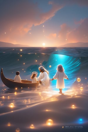 Jesus is holding the hands of a little girl and a little boy,There is a boat nearby, and males is on the boat. The person on the sea,beautiful harp, male, full body, furry skin, fantasy, subsurface scattering, perfect anatomy, glow, bloom, bioluminescent liquid, zen style, still film, cold color, l vibrant and volumetric light (masterpiece, top quality, best quality, official art, beautiful and aesthetic: 1.2), extremely detailed, (abstract, fractal art: 1.3), colorful hair, more detailed, detailed_eyes, snowing, smoke bubbles, light particles, 33 year old famle face, perfect body, five fingers, perfect hands, anatomically perfect body, sexy posture, (black eyes), (gray hair), very long hair, long white fur sweater dress, white fur shorts, dynamic angle, depth of field, hyper detailed, highly detailed, beautiful, small details, ultra detailed, best quality, 4k,((full body)), face to jesus,photo r3al