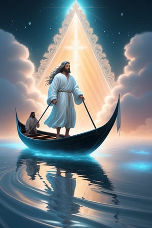 A man in the boat,Jesus is walking on the sea, towards the boat. There is a boat nearby, and males is on the boat. The person on the sea,beautiful harp, male, full body, furry skin, fantasy, subsurface scattering, perfect anatomy, glow, bloom, bioluminescent liquid, zen style, still film, cold color, l vibrant and volumetric light (masterpiece, top quality, best quality, official art, beautiful and aesthetic: 1.2), extremely detailed, (abstract, fractal art: 1.3), colorful hair, more detailed, detailed_eyes, snowing, smoke bubbles, light particles, 33 year old famle face, perfect body, five fingers, perfect hands, anatomically perfect body, sexy posture, (black eyes), (gray hair), very long hair, long white fur sweater dress, white fur shorts, dynamic angle, depth of field, hyper detailed, highly detailed, beautiful, small details, ultra detailed, best quality, 4k,((full body)), face to jesus,photo r3al